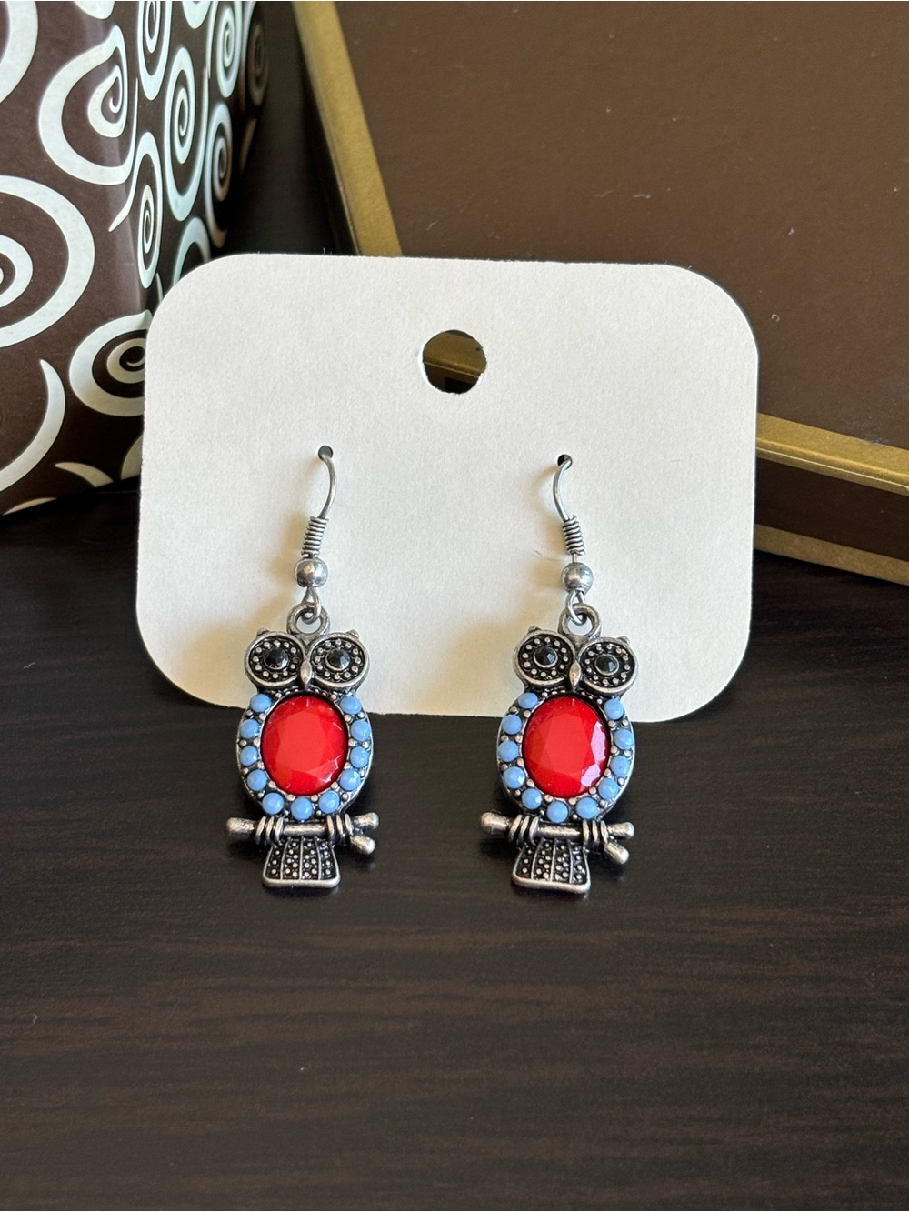 Adorable Owl Drop Earrings with Red and Light Blue Stones